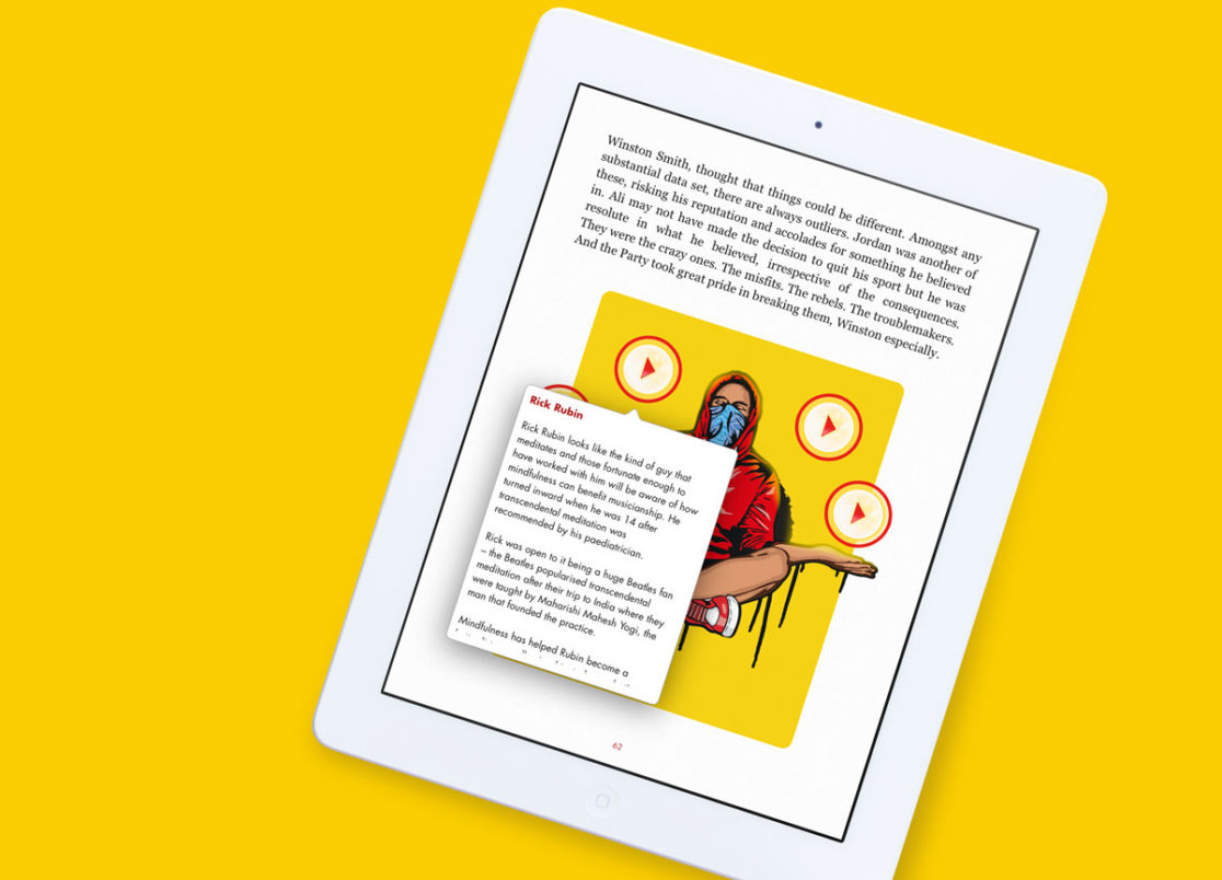 iBook interactive widget layout mock-up on iPad