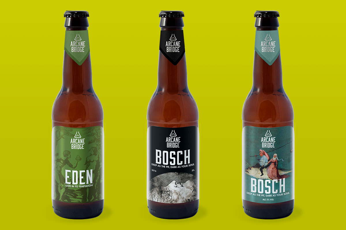 Three Arcane Bridge beer bottle label design mock-ups