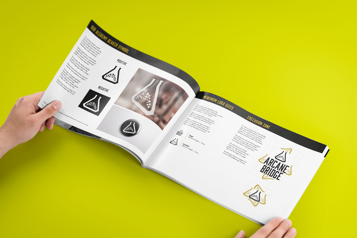 Arcane Bridge logo guidelines document mock-up