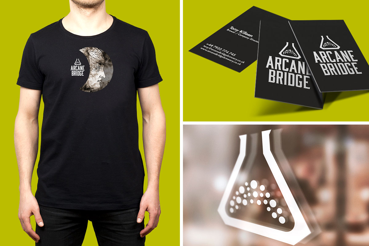 Design mock-ups for Arcane Bridge t-shirt, business card and signage