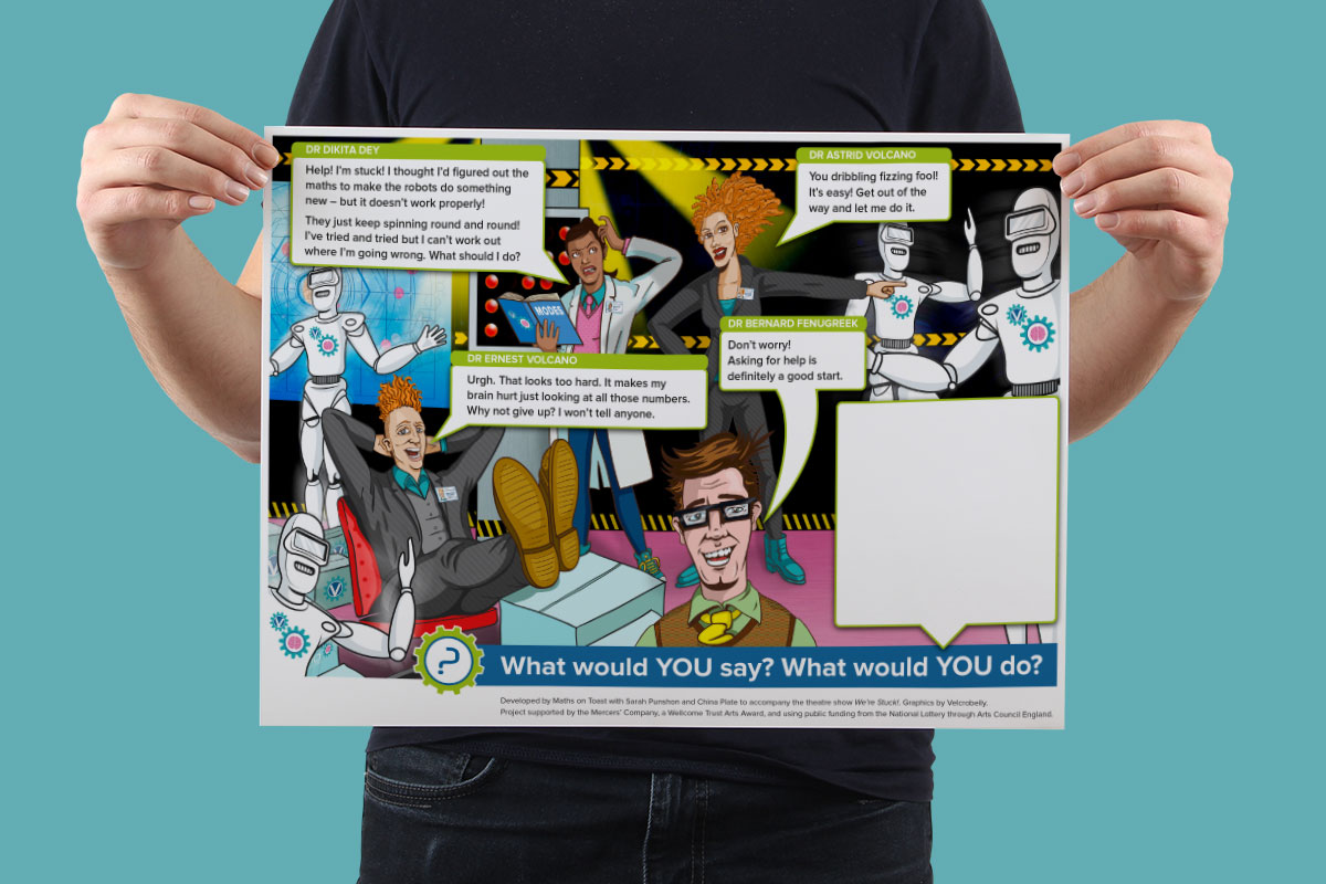 Model holds an illustrated worksheet for children