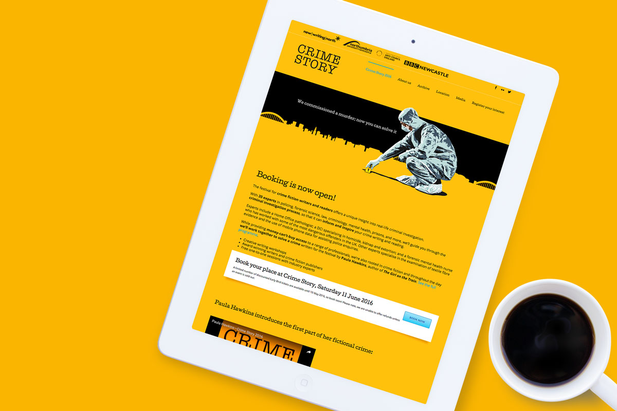 Crime Story website design displayed on iPad