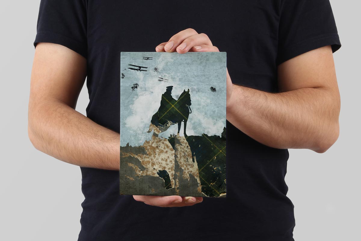 Model holds a WW1-inspired illustration, printed on aluminium