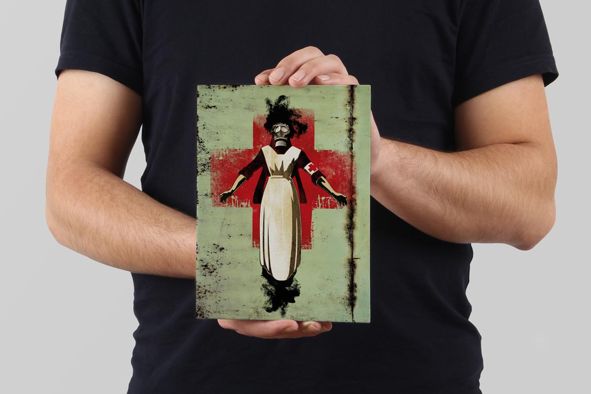 Model holds a WW1-inspired illustration, printed on aluminium