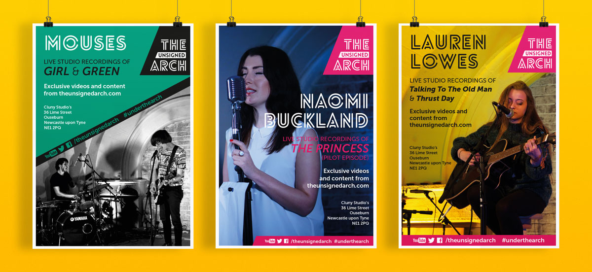 Three poster design mock-ups for The Unsigned Arch