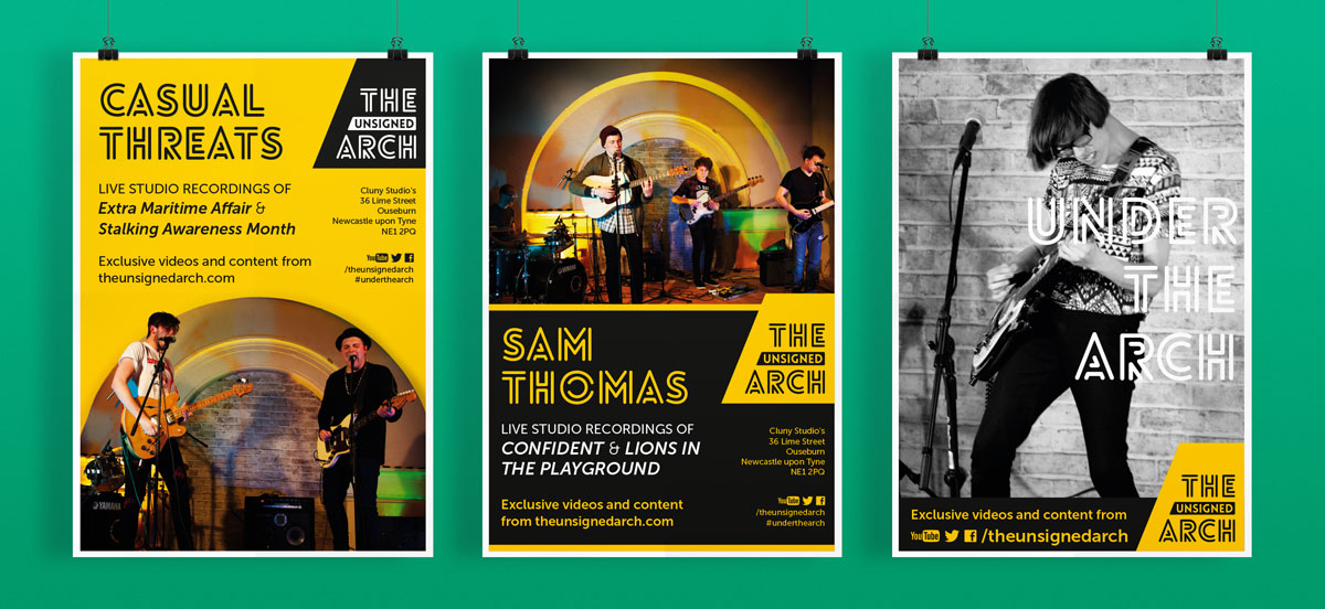Three poster design mock-ups for The Unsigned Arch