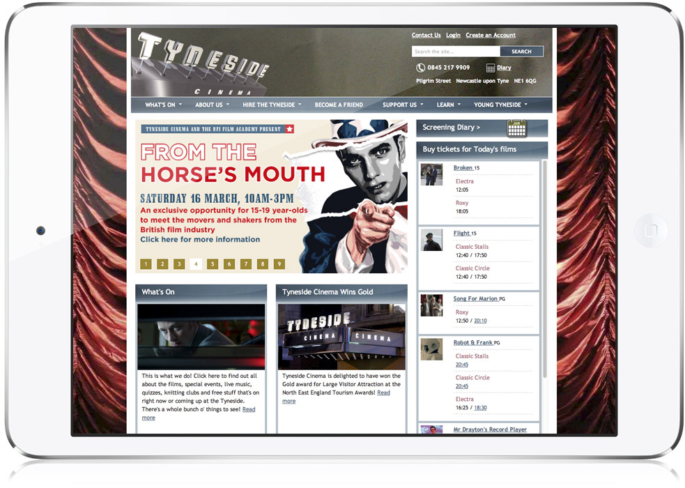 Tyneside Cinema website home page design layout on iPad