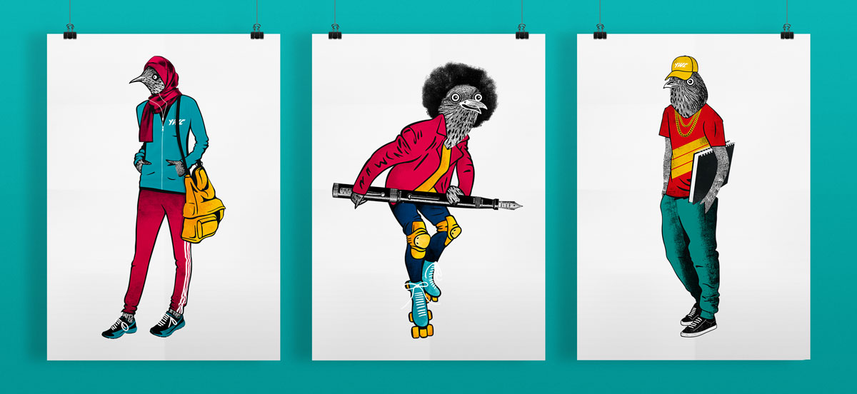 Three fine art prints of humanoid teen cuckoos