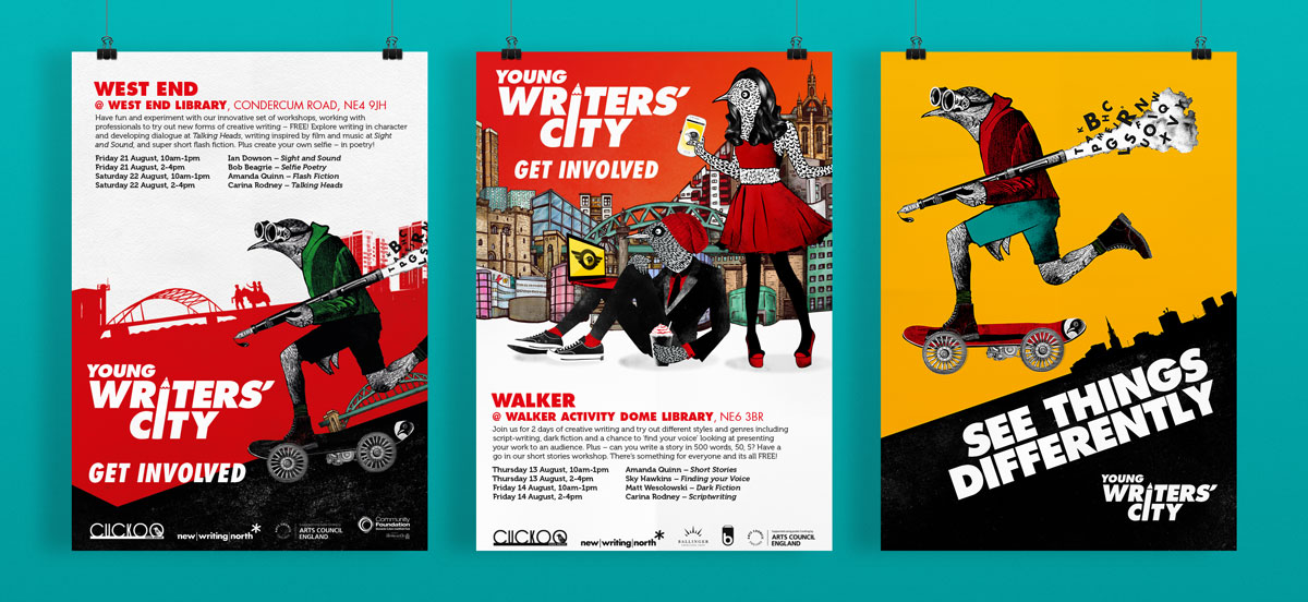 Three poster design mock-ups for Young Writers’ City
