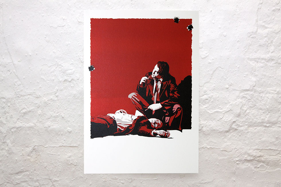 Illustrated artwork hanging on wall