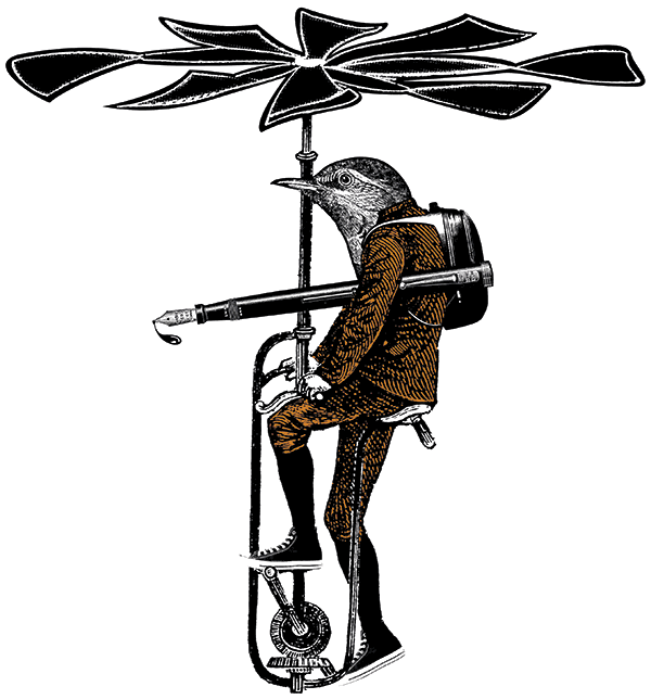 Illustration of a Cuckoo flying a pedal helicopter © David McClure