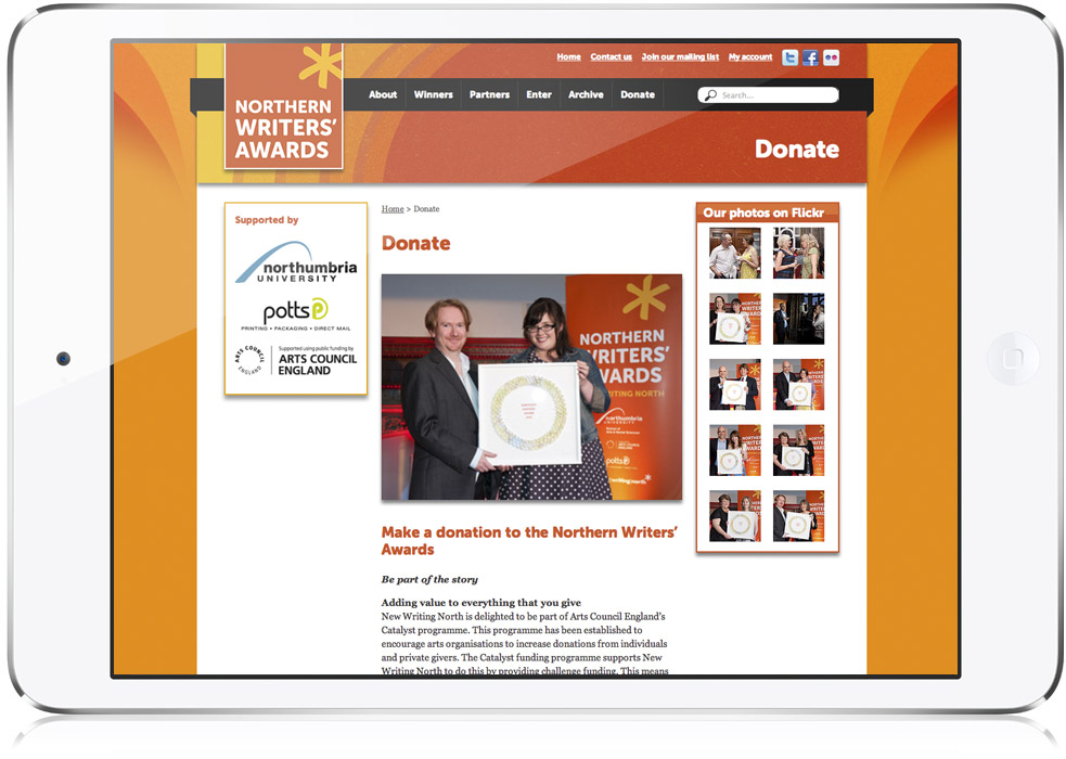 Northern Writers’ Awards website text page design on iPad
