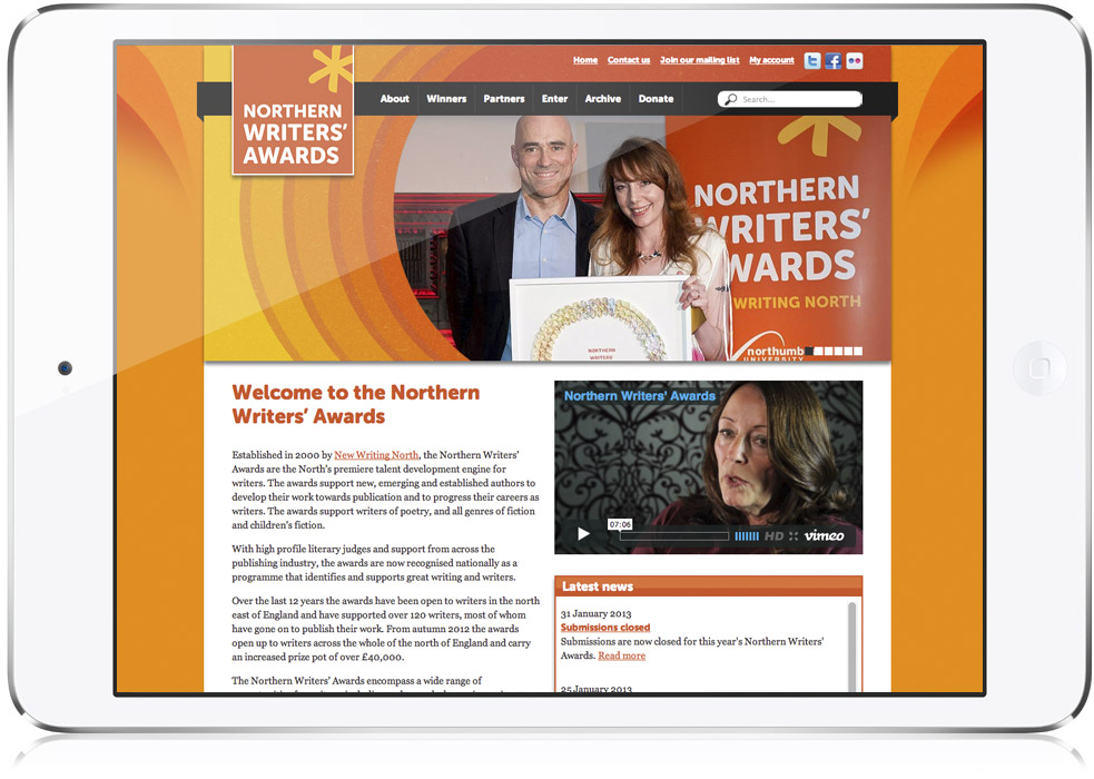 Northern Writers’ Awards website home page design on iPad