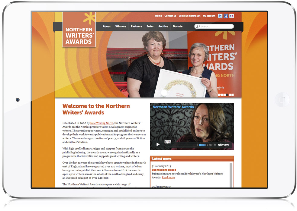 Northern Writers’ Awards website home page design on iPad