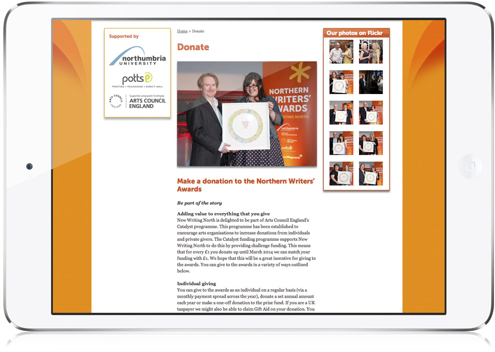 Northern Writers’ Awards website text page design on iPad