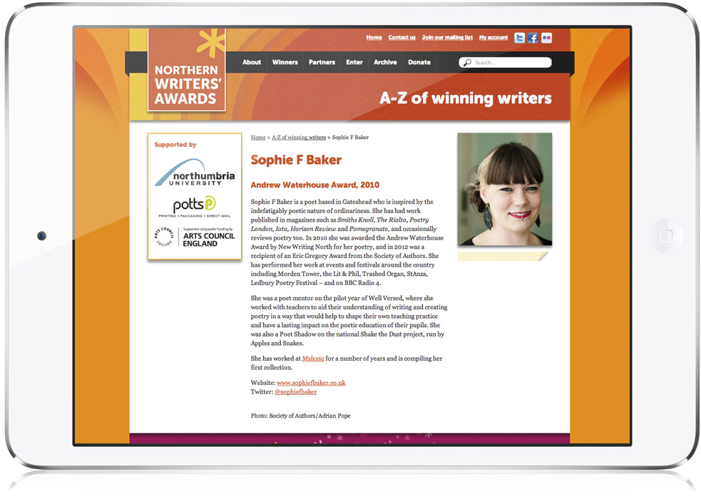 Northern Writers’ Awards website text page design on iPad