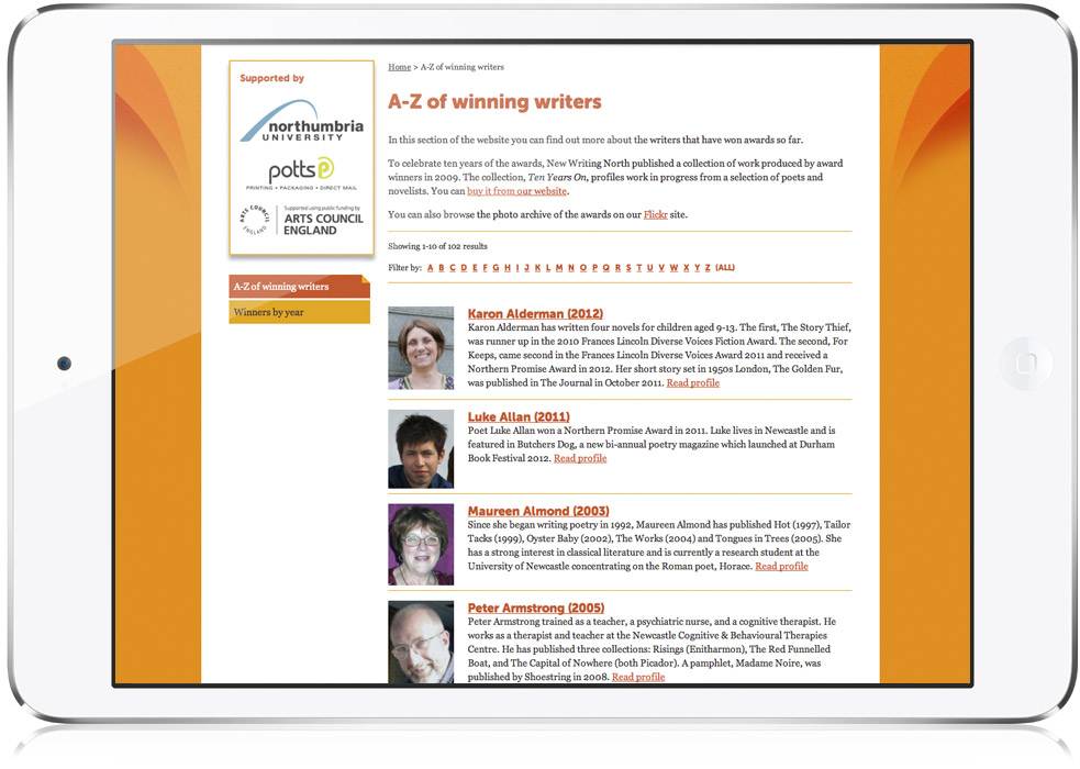 Northern Writers’ Awards website text page design on iPad