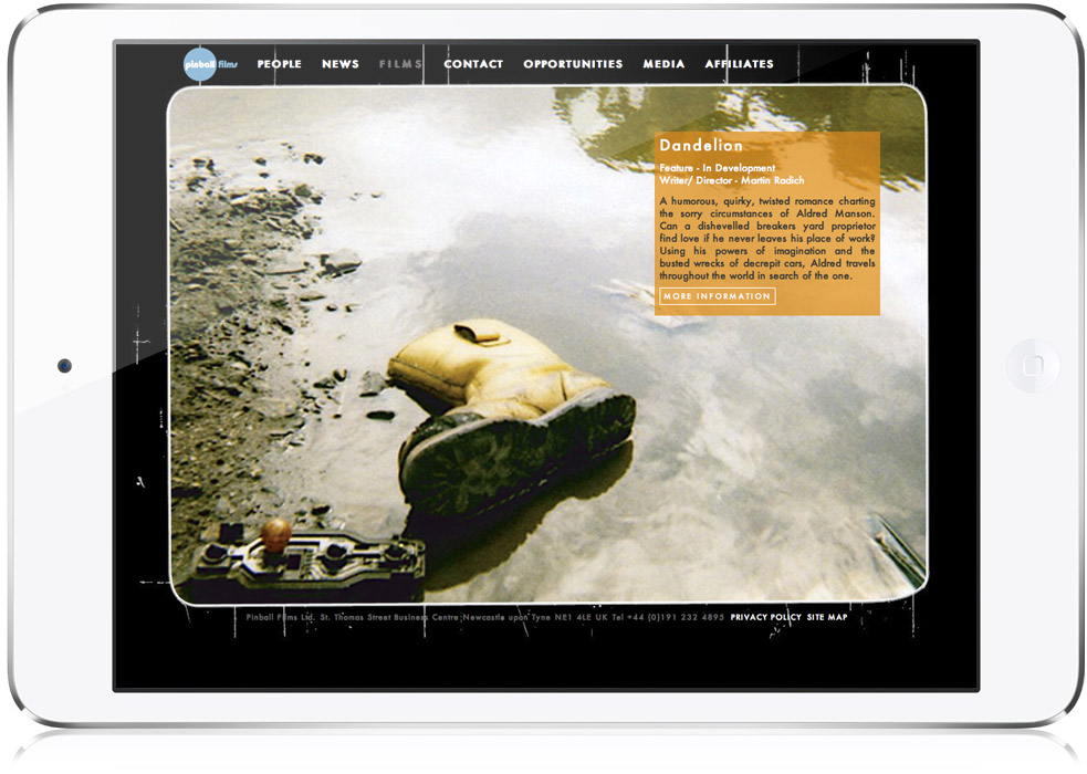 Pinball Films website design sample on iPad