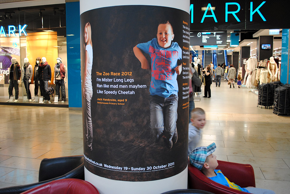 Poetry on the Move poster design on display at the Metro Centre, Gateshead