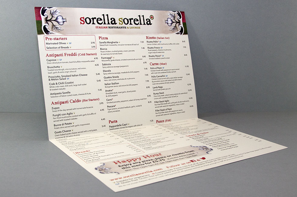 Sorella Sorella restaurant menu design mock-up