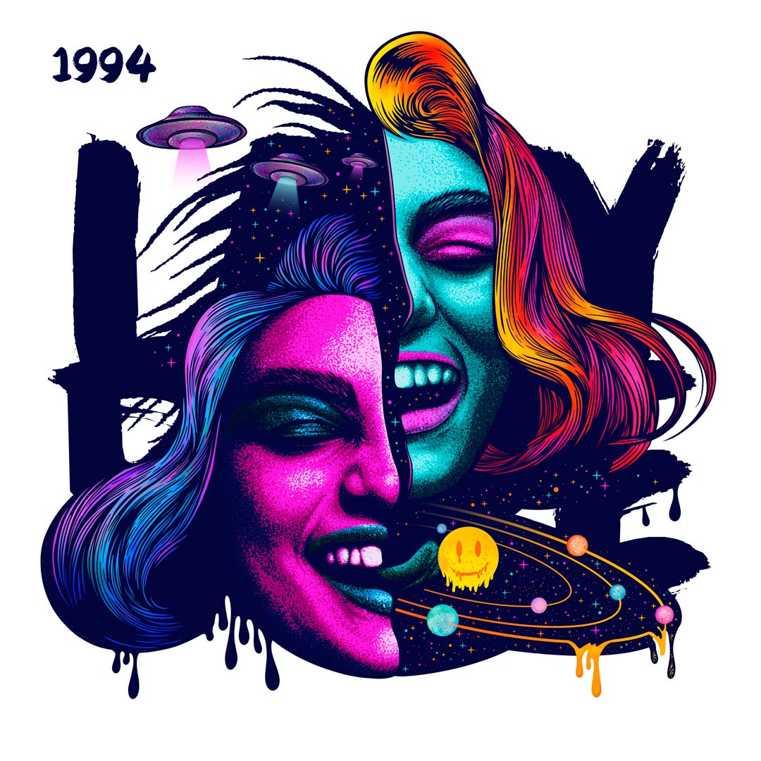 Colourful pop-art illustration for Lazy Rave’s single 1994. Two halves of a woman’s smiling face, one half in pink and the other in teal, float against a background of stars, planets and UFOs. One half of the woman’s face licks a sun-smiley-face at the centre of a solar system.