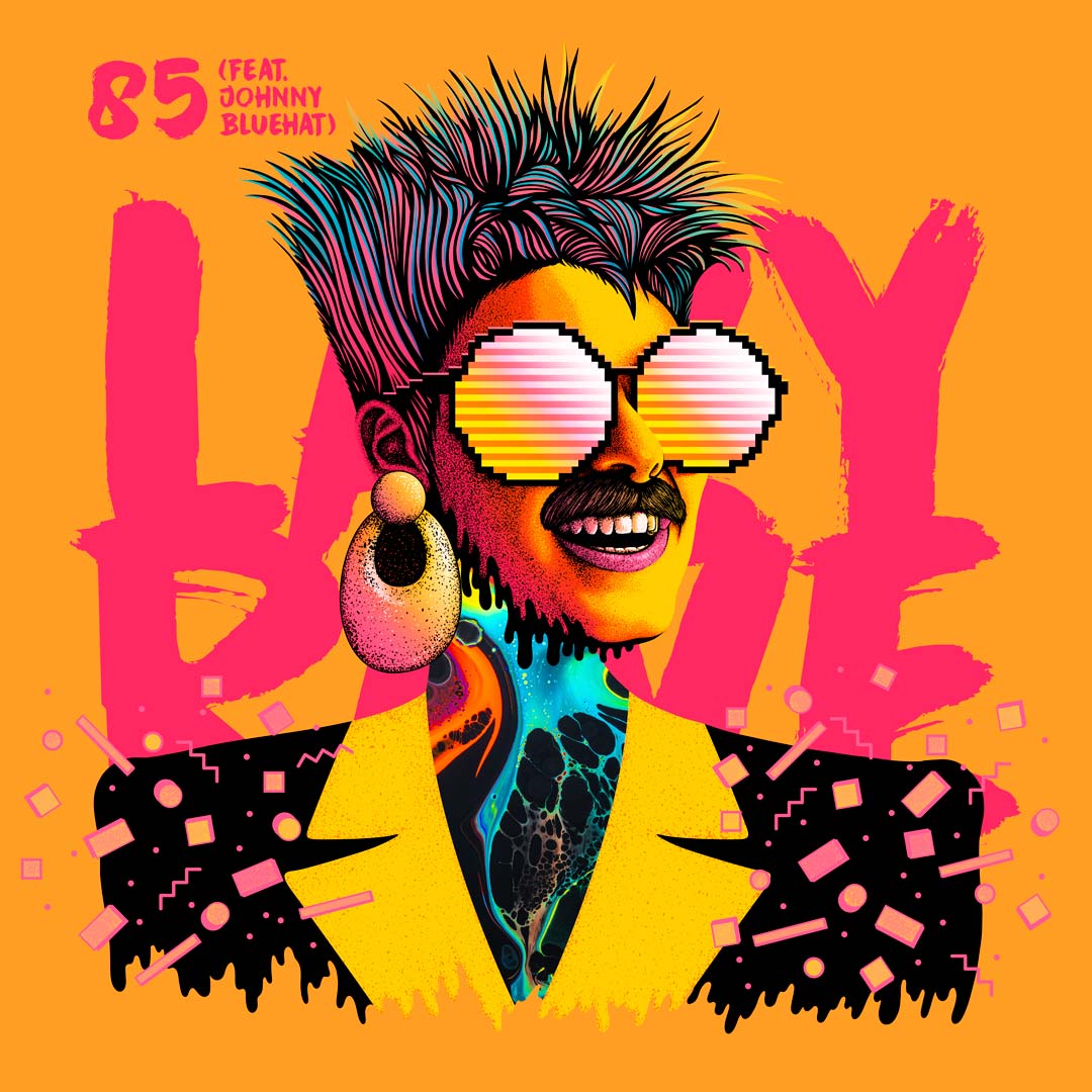 Cover illustration for Lazy Rave’s single 85. A person with feminine and masculine features wears an elaborate porn star moustache, pixellated sunglasses and 80s-style clothing.