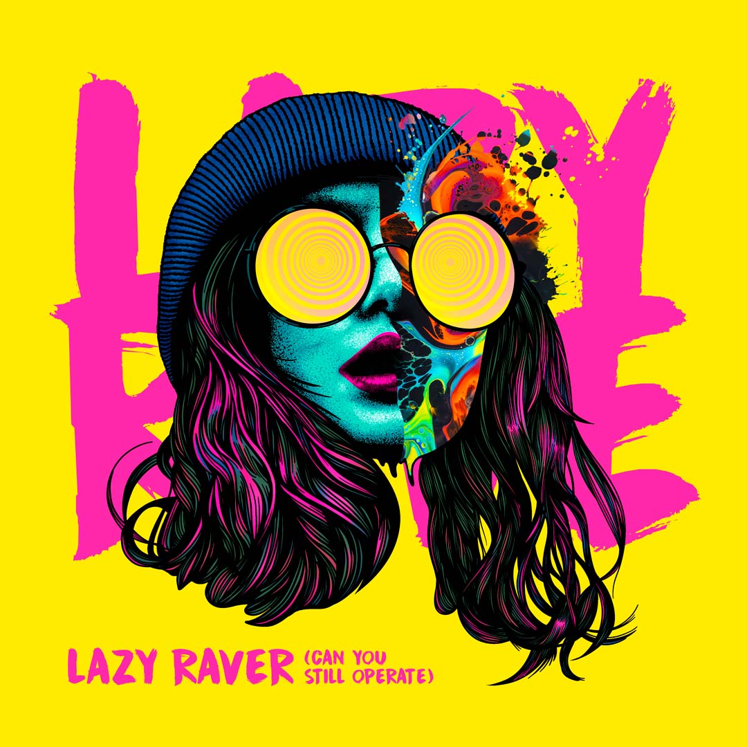 Cover illustration for Lazy Rave’s single Lazy Raver. A pretty young woman’s face in teal and pink floats against a backdrop of yellow and pink. The girl wears sunglasses which reflect a swirling pattern. Half of her face is dissolving into psychedelic, liquid colour.