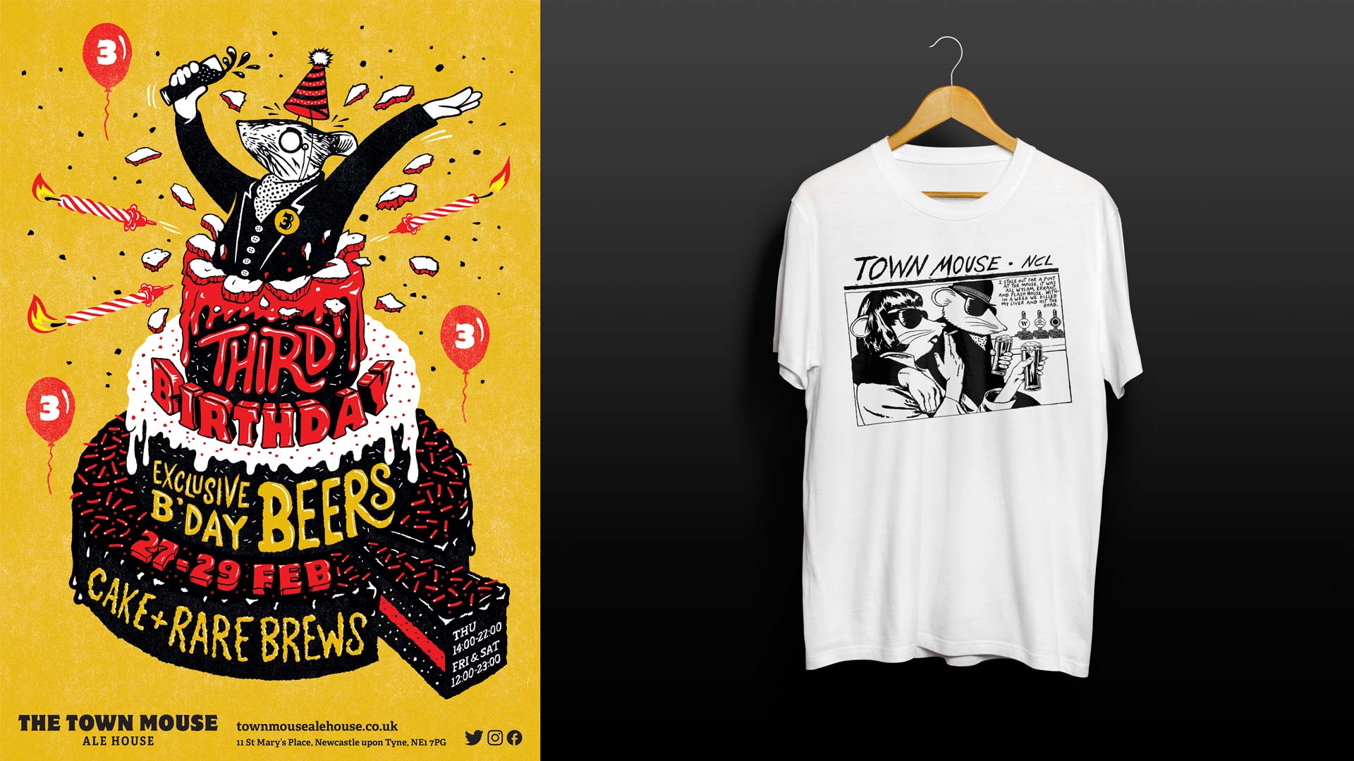 Left: An illustrated poster to celebrate The Town Mouse’s third birthday. A mouse with beer and party hat jumps out of an elaborate three-tier cake. Right: Photograph of a white t-shirt with a black graphic illustration of two mice in a bar, in the style of Sonic Youth’s Goo album cover art.