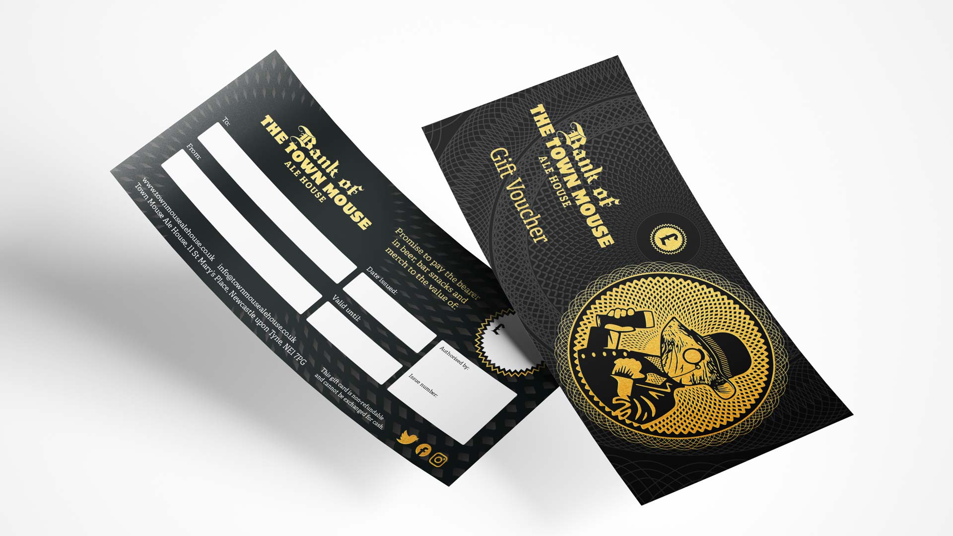 Two black and gold gift vouchers for The Town Mouse against a white background.