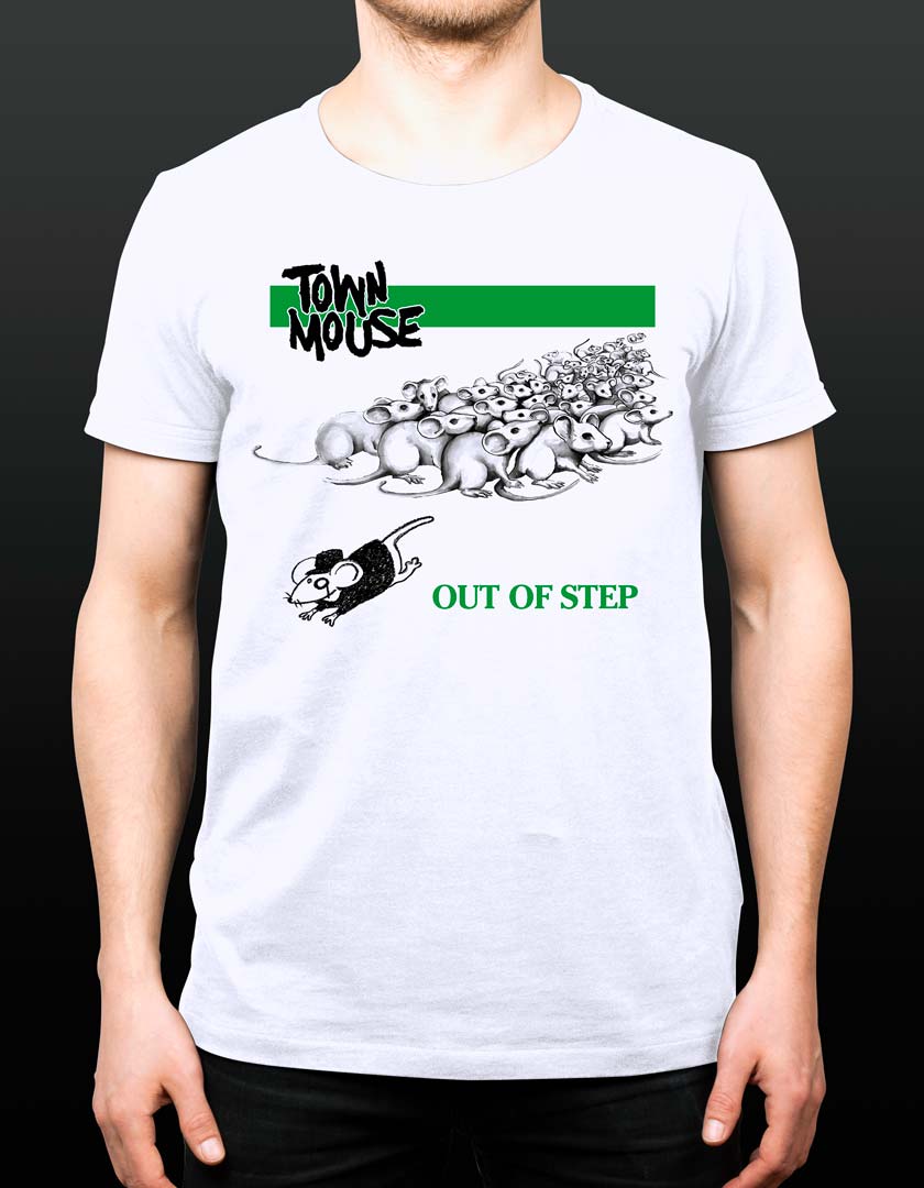 A man wearing a white t-shirt with a simple graphic on the chest. A crudely drawn mouse wearing black leaps away from a clustered group of white mice. The design is a riff on Minor Threat’s Out of Step album cover artwork.
